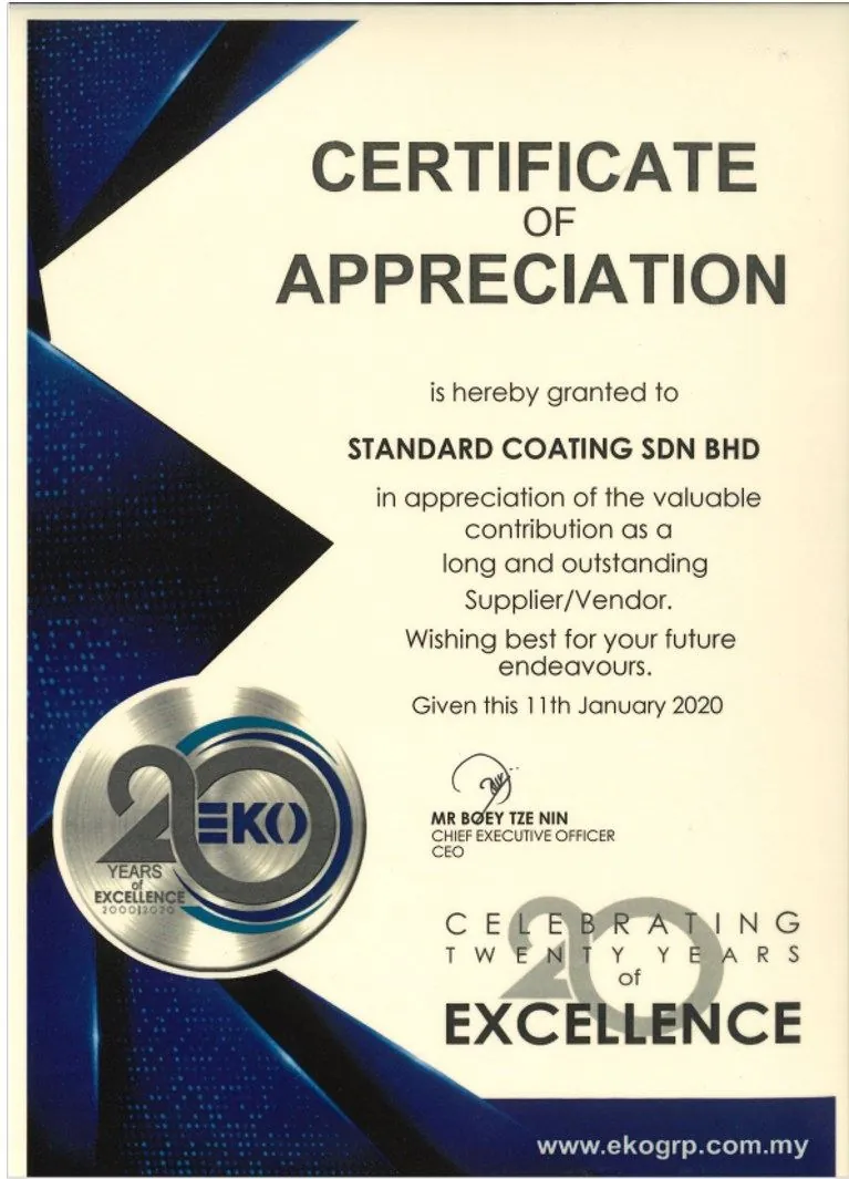 Certificate of Appreciation presented to Standard Coating Sdn Bhd by EKO Group, 11 January 2020