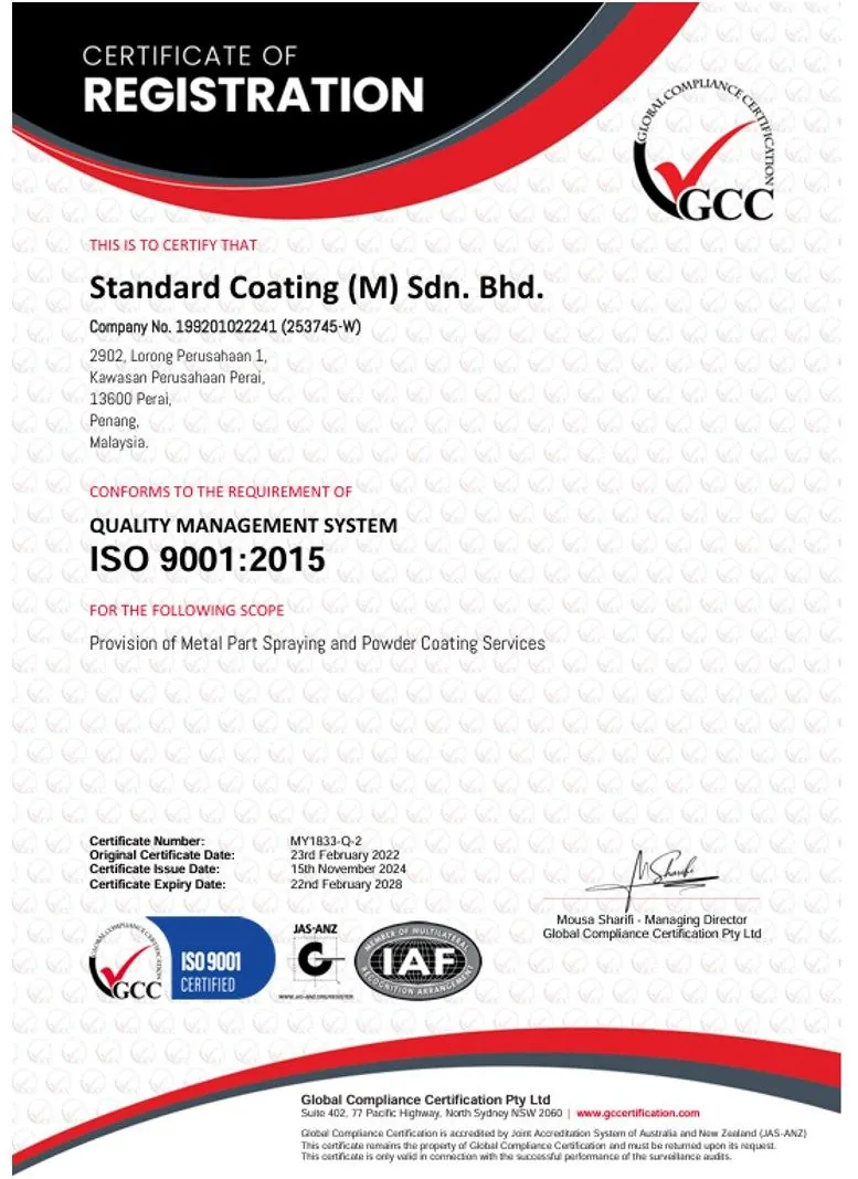 ISO 9001:2015 Certificate of Registration for Standard Coating (M) Sdn Bhd